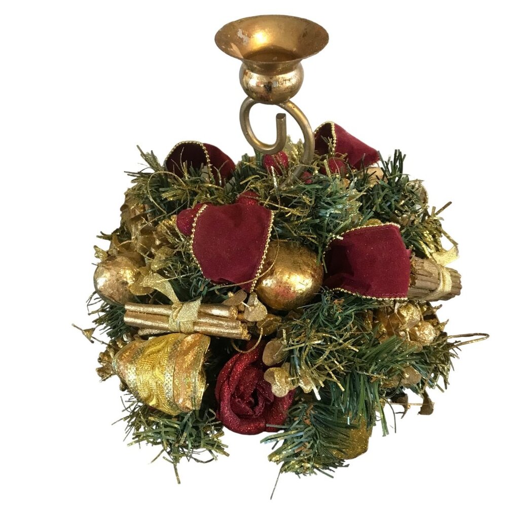 Festive Gold & Burgundy Christmas Candle Holder Centerpiece Decoration 11" tall